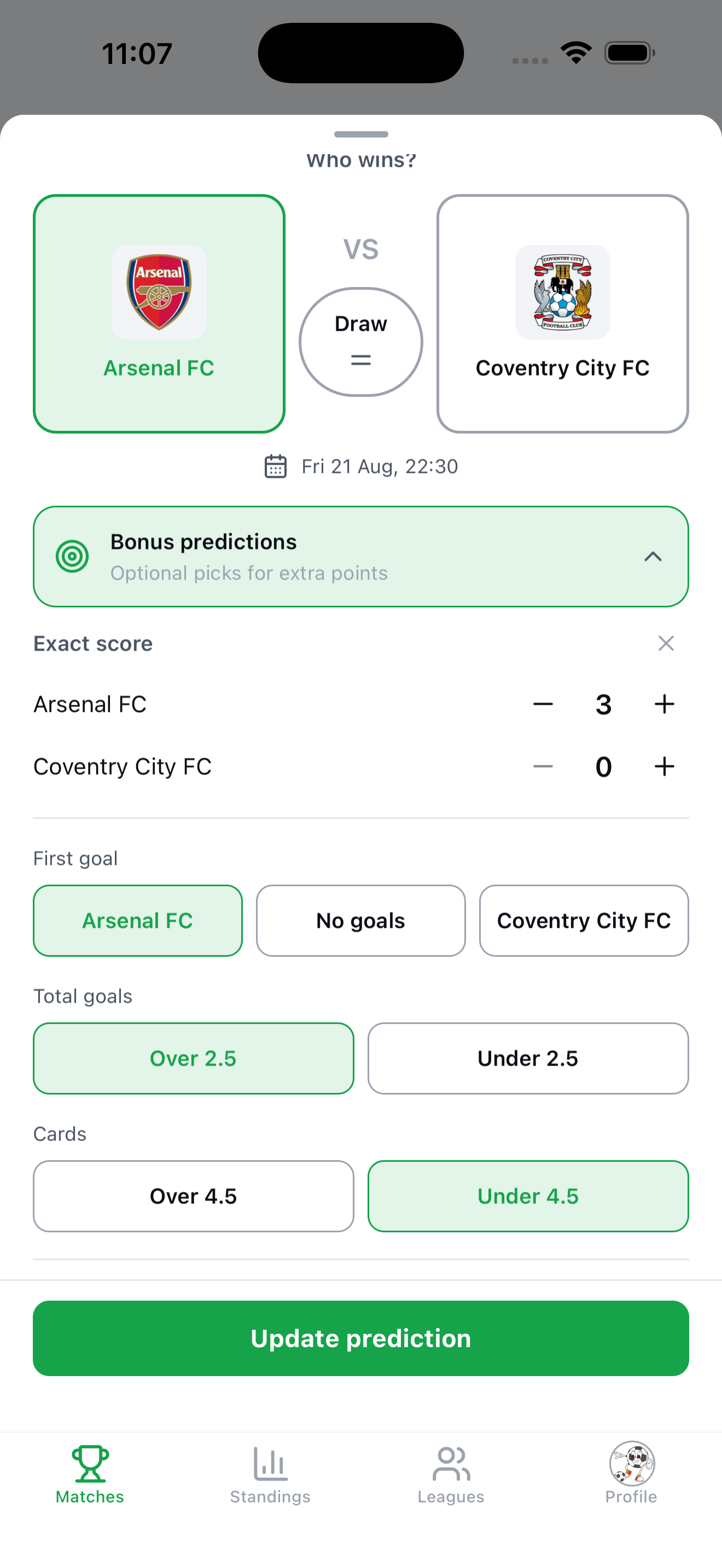 Rivalio prediction screen